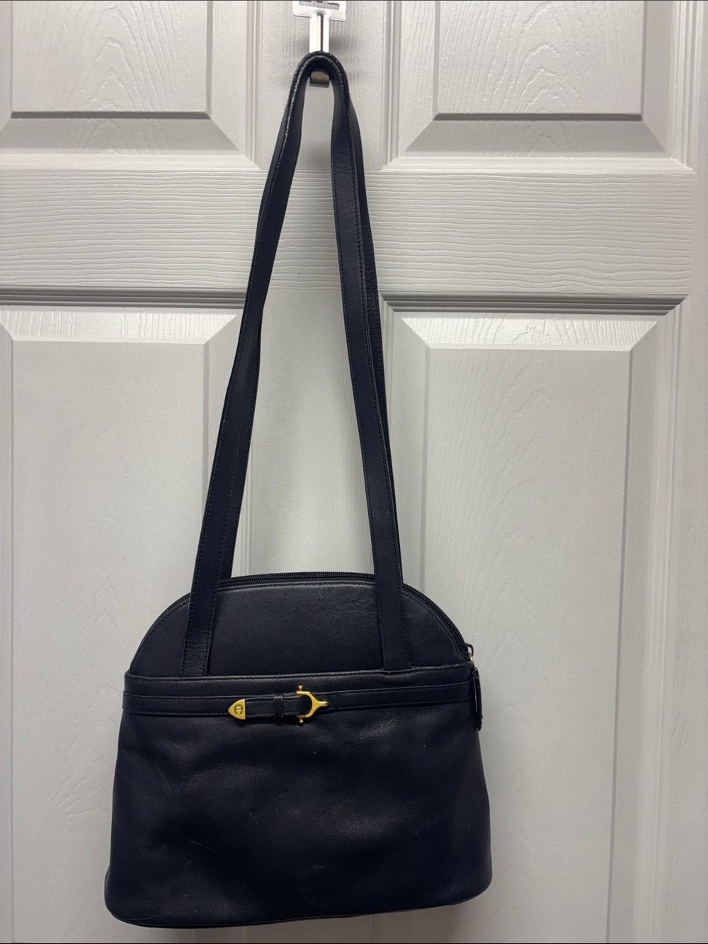 Aigner Classic Navy Leather Shoulder Bag with Gold Accent